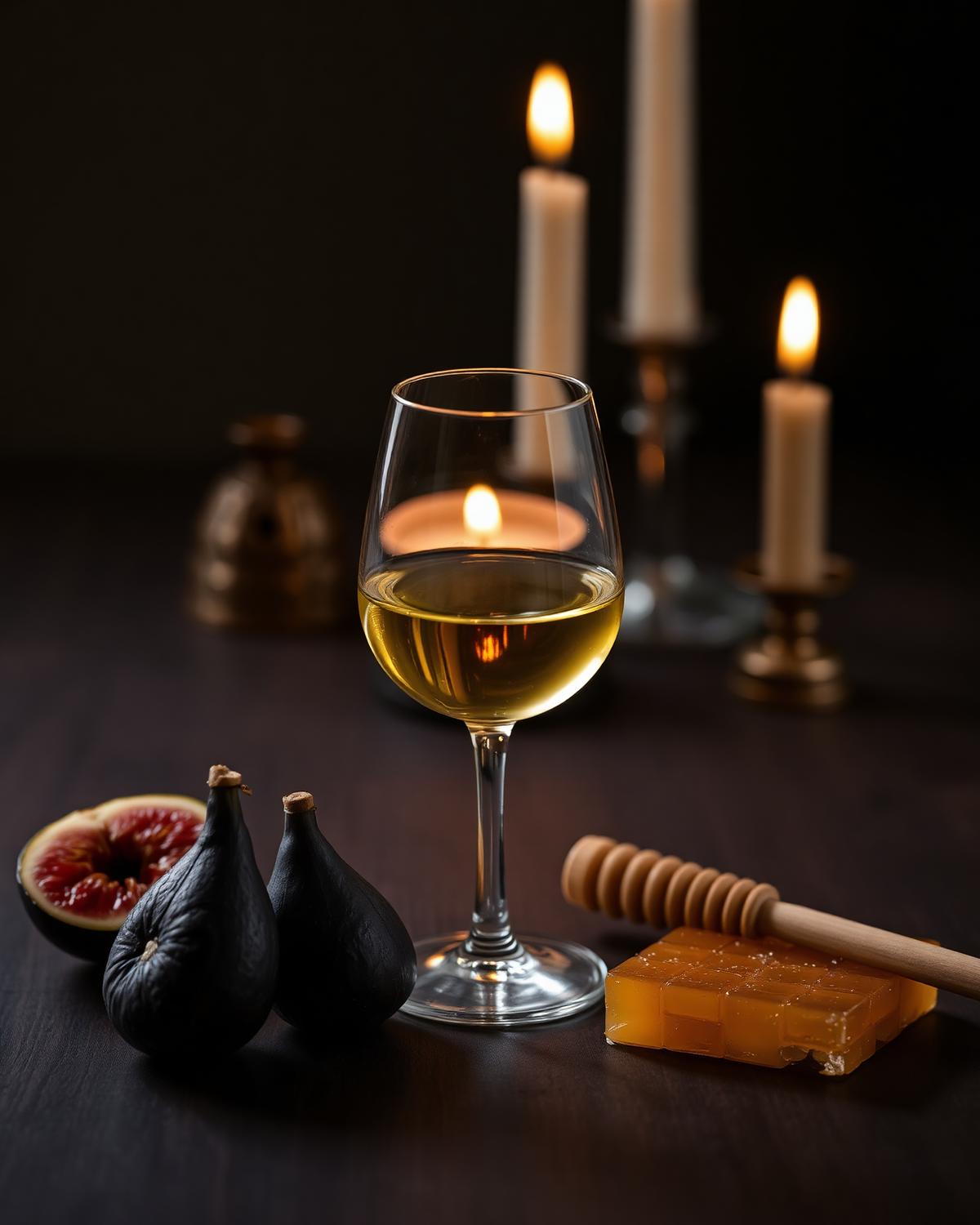 A small glass of golden dessert wine beside ripe fruit