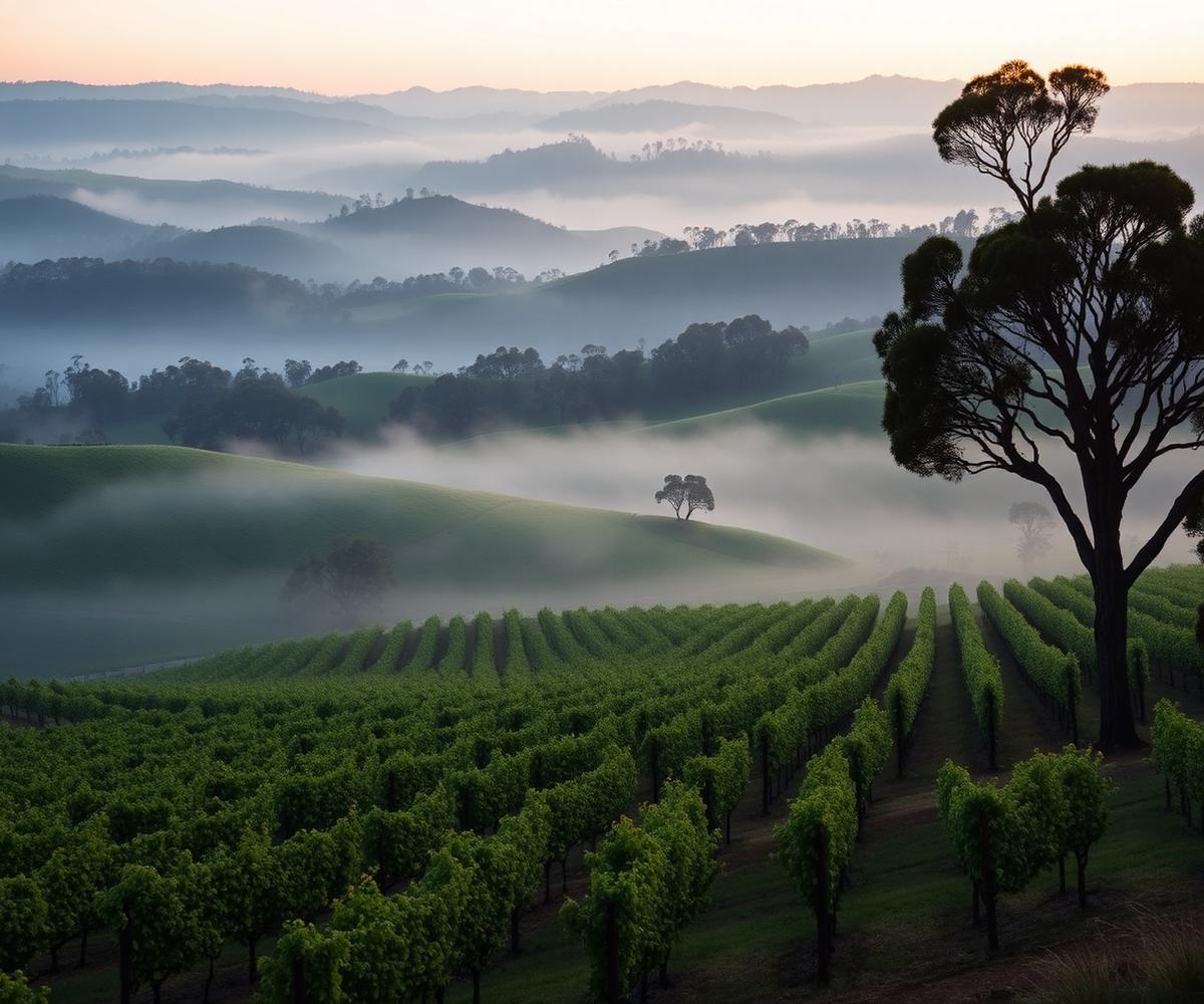 Hunter Valley vineyard rows with morning mist