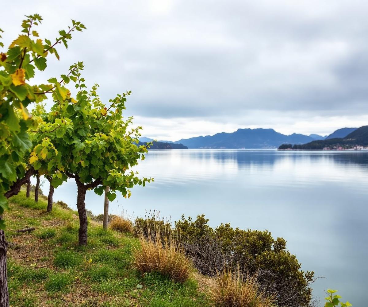 Tasmanian vineyard beside cool green hills