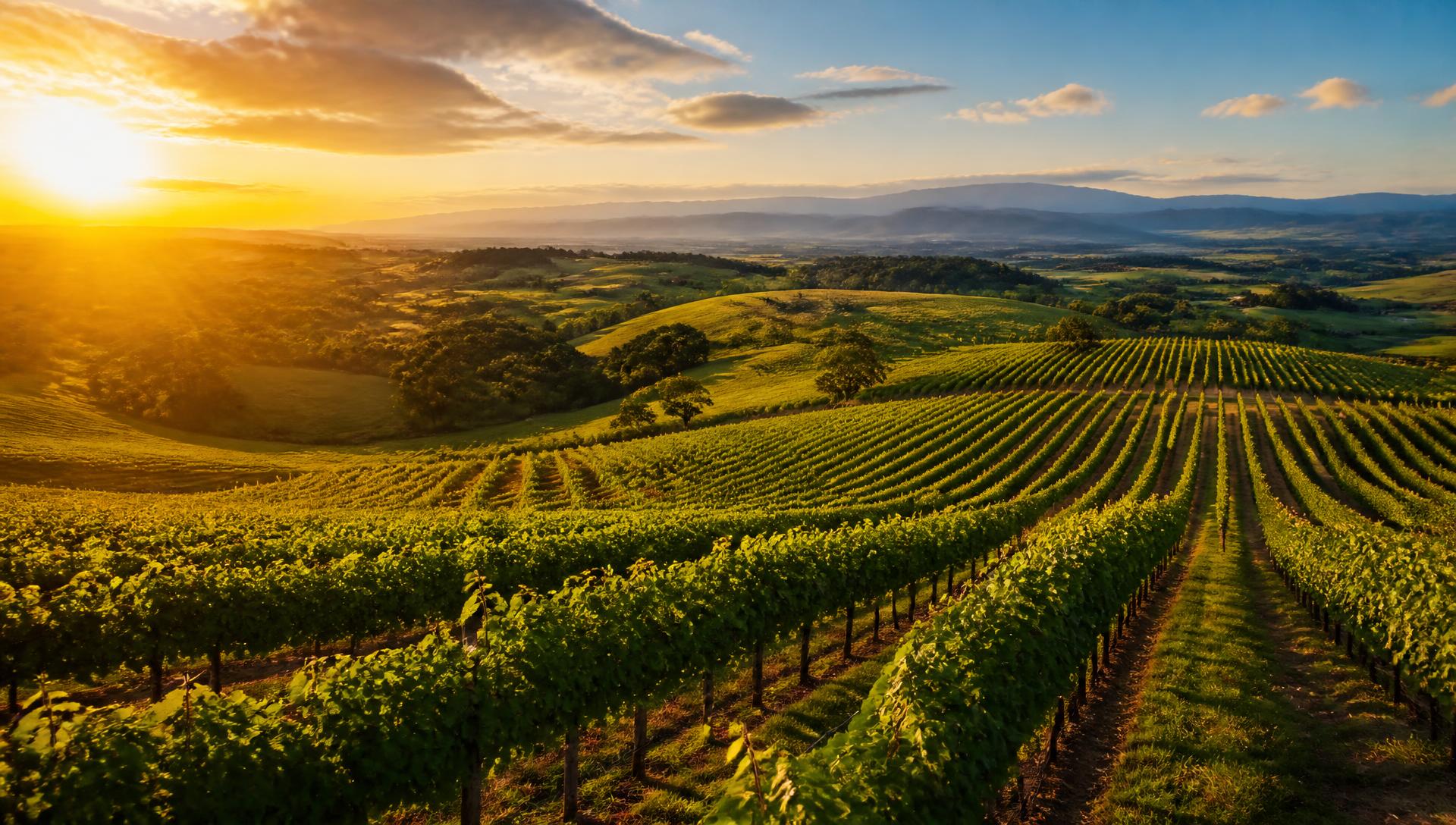 Australian vineyard rows stretching towards distant hills at golden hour