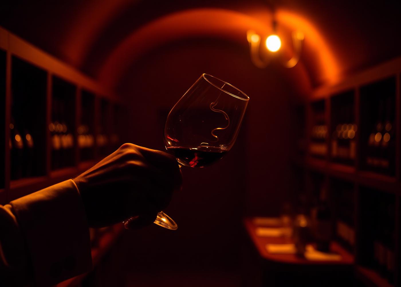 A sommelier swirling a glass of red wine in a candlelit cellar